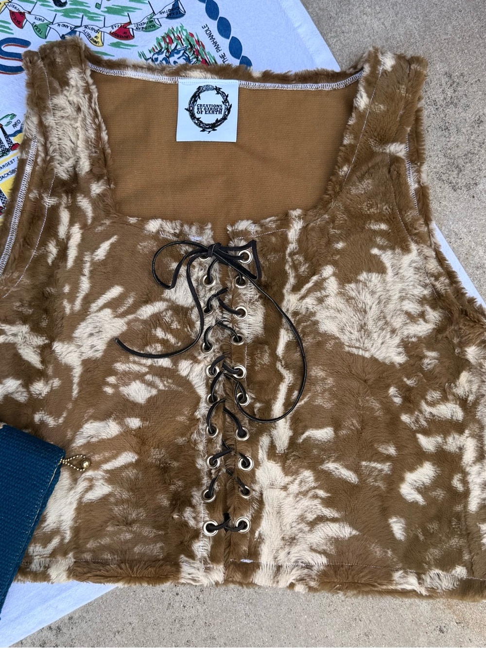 Handmade Lace-Up Faux Fur Crop Top - Brown/Cream